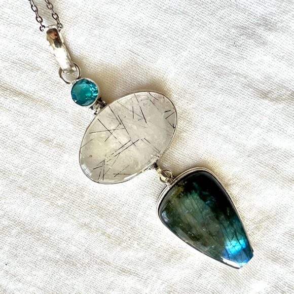 925 GORGEOUS! Flash Labradorite + Fine Tourmaline Tourmalated Quartz Necklace - Picture 3 of 10